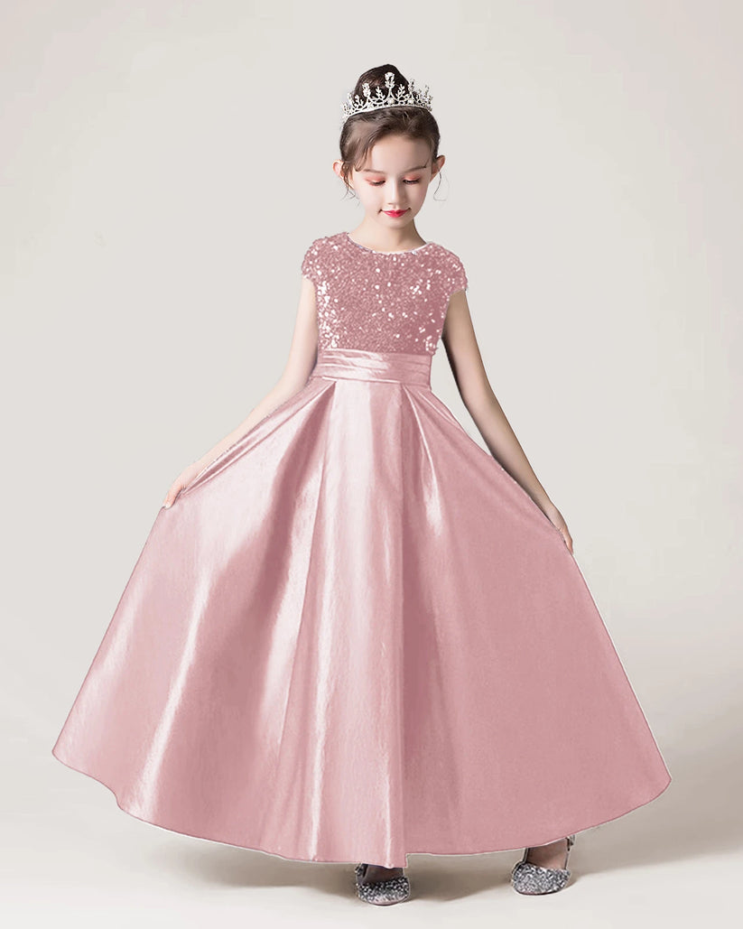 Dusty Rose Sequin Satin A-line Girls Formal Dress Front View