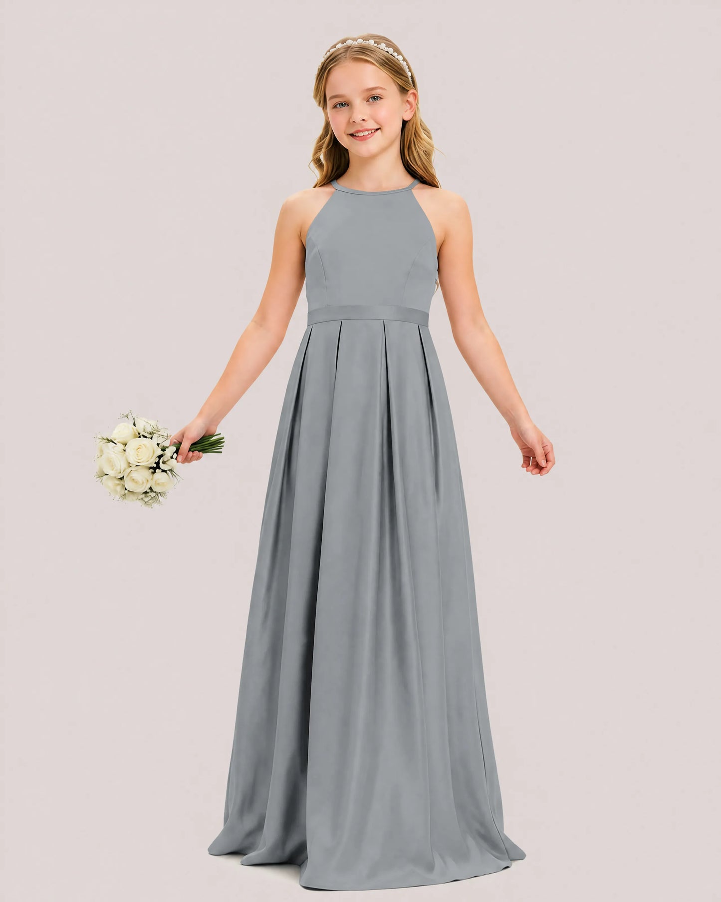 dideyttawl A-Line Junior Bridesmaid Dresses Satin Halter Special Occasion Dress Gown 2532