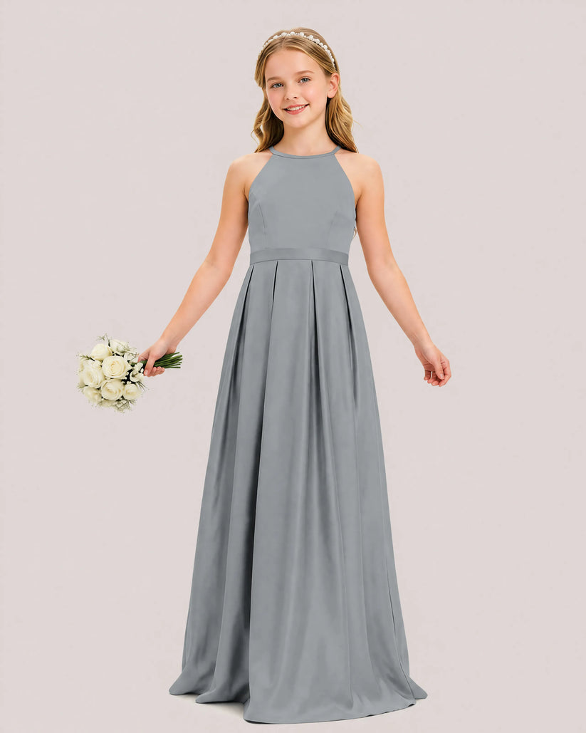 Grey Satin A-line Junior Bridesmaid Dress Front View