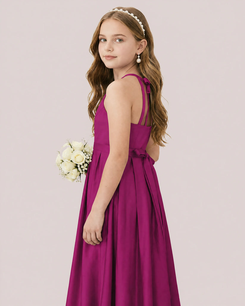 Fuchsia Satin A-line Junior Bridesmaid Dress Side View