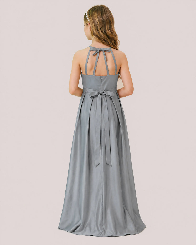 Grey Satin A-line Junior Bridesmaid Dress Back View