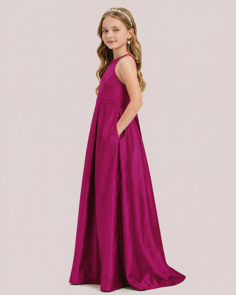 Magenta Satin A-line Junior Bridesmaid Dress Side View