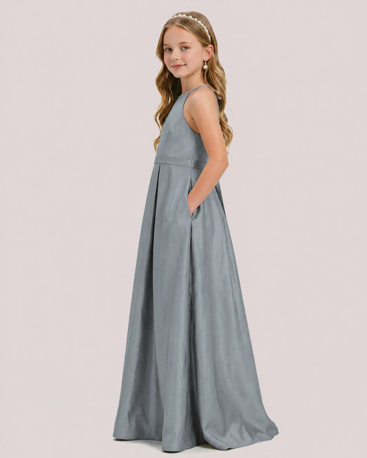 Dusty Blue Satin A-line Junior Bridesmaid Dress Side View