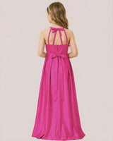 Fuchsia Satin A-line Junior Bridesmaid Dress Back View