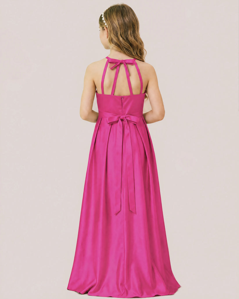 Fuchsia Satin A-line Junior Bridesmaid Dress Back View