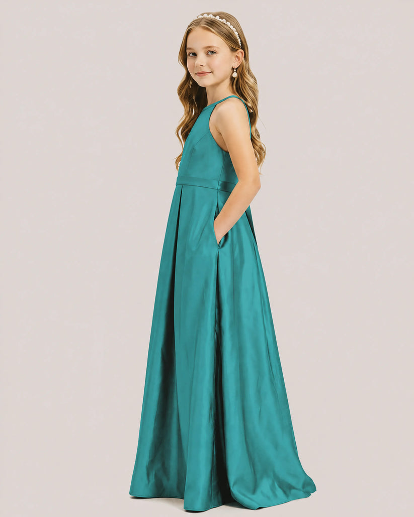 Turquoise Satin A-line Junior Bridesmaid Dress Side View