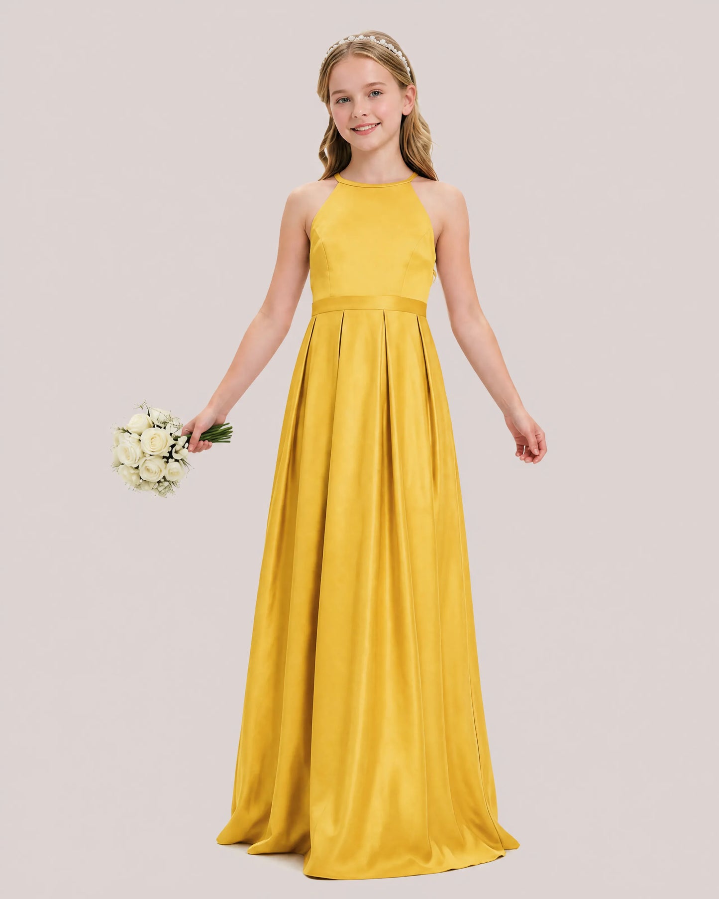 dideyttawl A-Line Junior Bridesmaid Dresses Satin Halter Special Occasion Dress Gown 2532