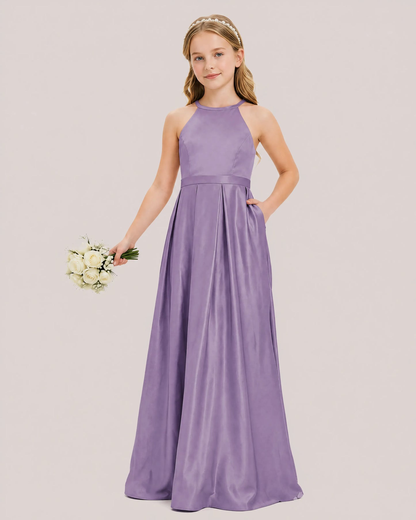 dideyttawl A-Line Junior Bridesmaid Dresses Satin Halter Special Occasion Dress Gown 2532