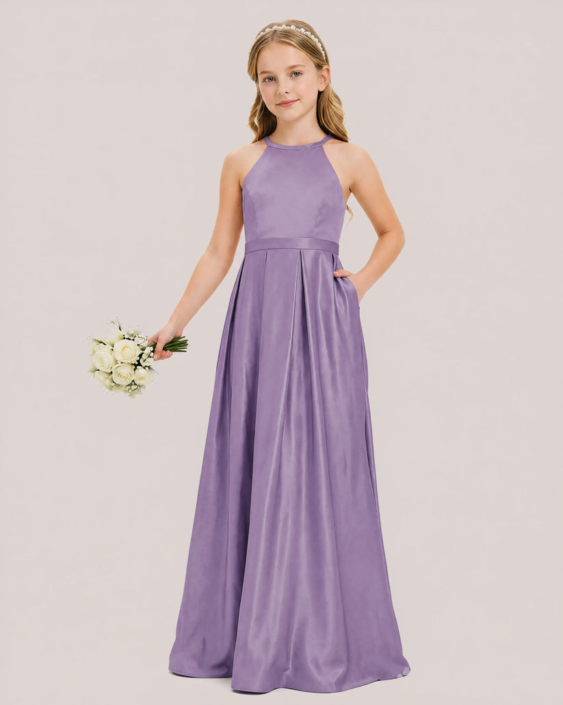 Wisteria Satin A-line Junior Bridesmaid Dress Front View