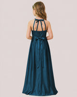 Teal Satin A-line Junior Bridesmaid Dress Back View