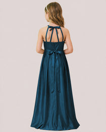 dideyttawl A-Line Junior Bridesmaid Dresses Satin Halter Special Occasion Dress Gown
