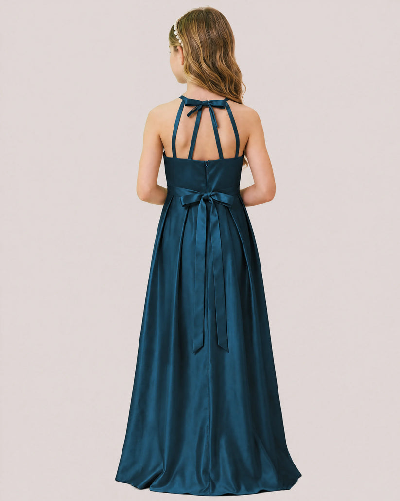 Teal Satin A-line Junior Bridesmaid Dress Back View
