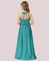 Turquoise Satin A-line Junior Bridesmaid Dress Back View
