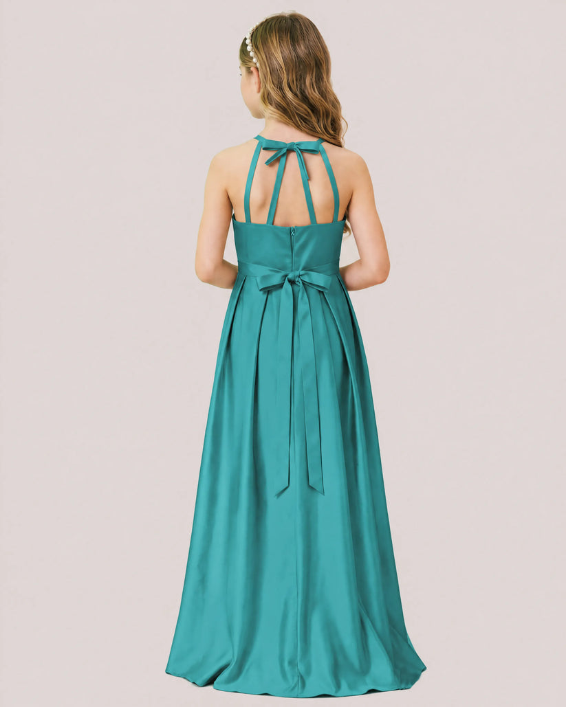 Turquoise Satin A-line Junior Bridesmaid Dress Back View