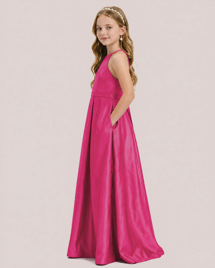 Fuchsia Satin A-line Junior Bridesmaid Dress Side View