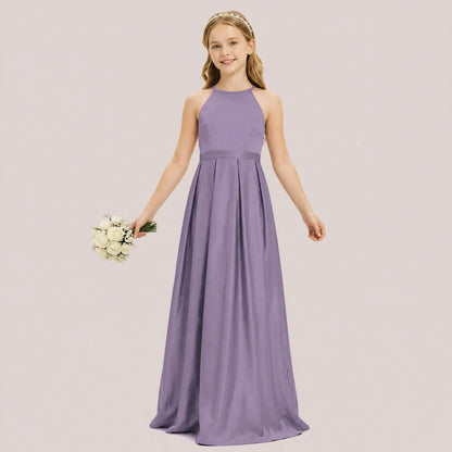 dideyttawl A-Line Junior Bridesmaid Dresses Satin Halter Special Occasion Dress Gown 2532