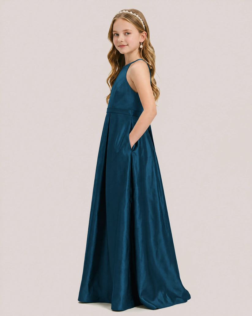 Teal Satin A-line Junior Bridesmaid Dress Side View