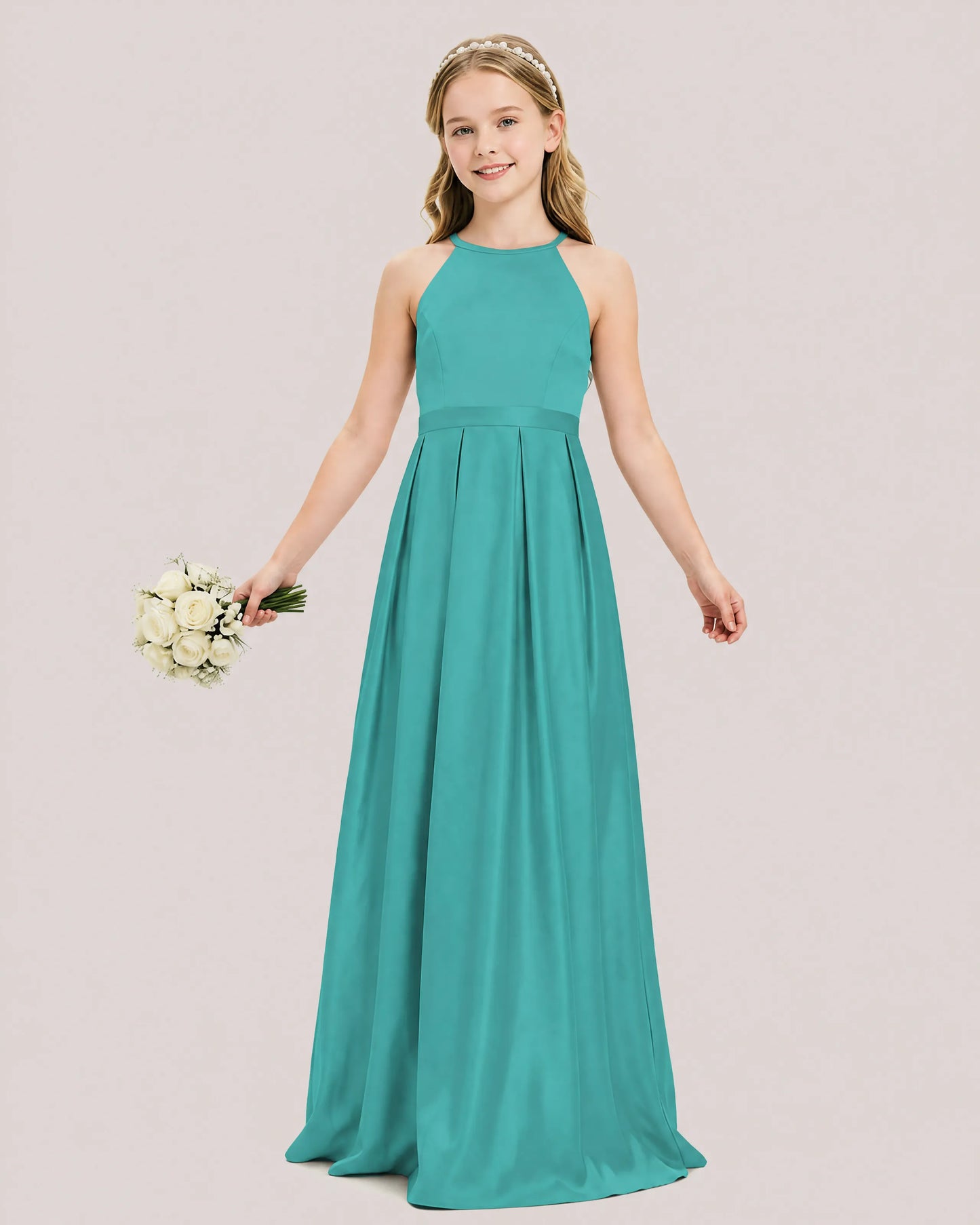 dideyttawl A-Line Junior Bridesmaid Dresses Satin Halter Special Occasion Dress Gown 2532
