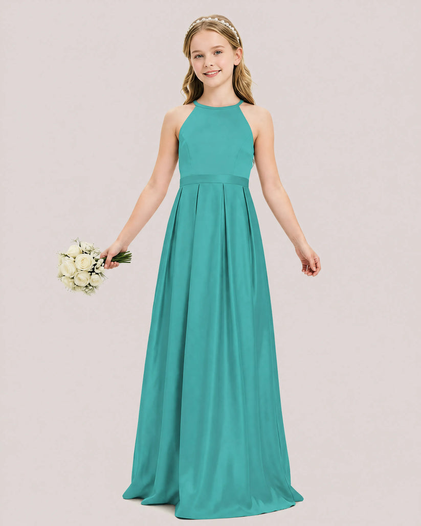 Turquoise Satin A-line Junior Bridesmaid Dress Front View