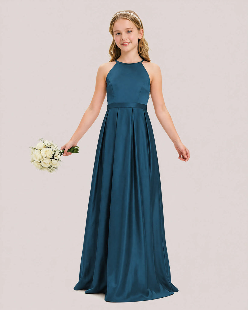 Teal Satin A-line Junior Bridesmaid Dress Front View