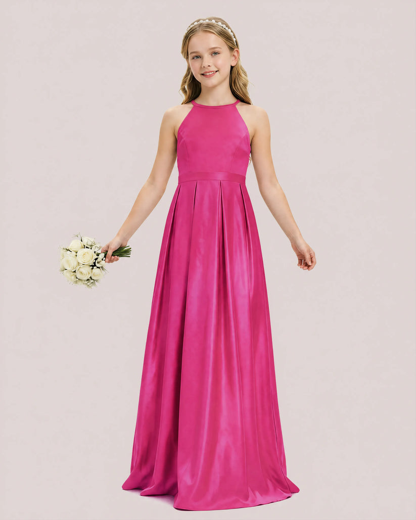 Fuchsia Satin A-line Junior Bridesmaid Dress Front View