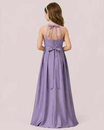 dideyttawl A-Line Junior Bridesmaid Dresses Satin Halter Special Occasion Dress Gown