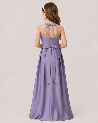 dideyttawl A-Line Junior Bridesmaid Dresses Satin Halter Special Occasion Dress Gown 2532