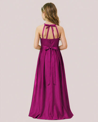 dideyttawl A-Line Junior Bridesmaid Dresses Satin Halter Special Occasion Dress Gown 2532