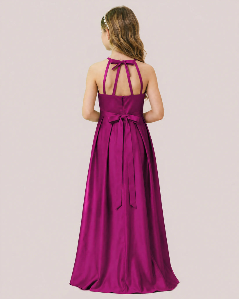 Magenta Satin A-line Junior Bridesmaid Dress Back View