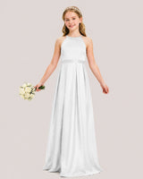 White Satin A-line Junior Bridesmaid Dress Front View