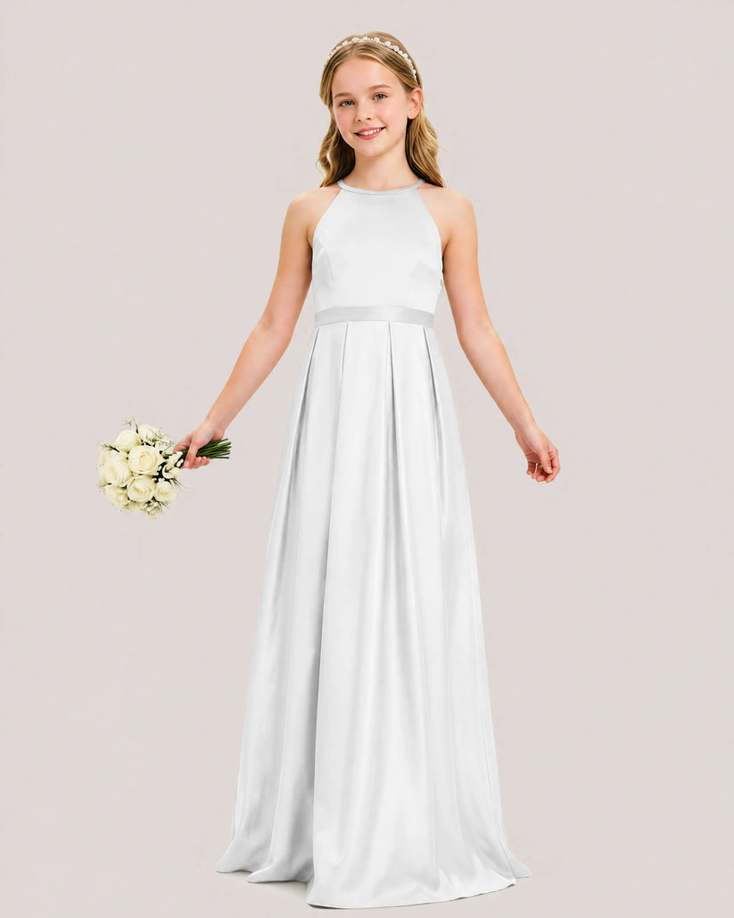 White Satin A-line Junior Bridesmaid Dress Front View