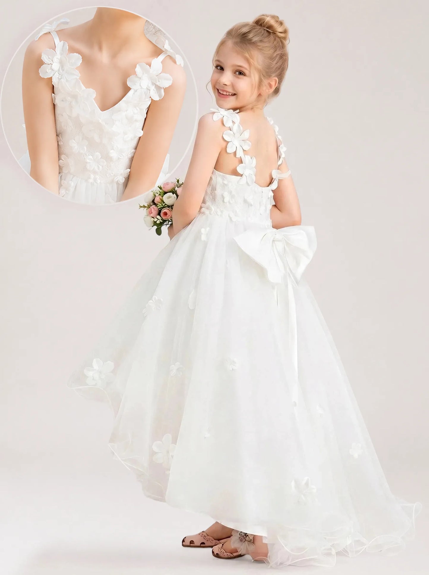 White 3D Floral Flower Girl Dress