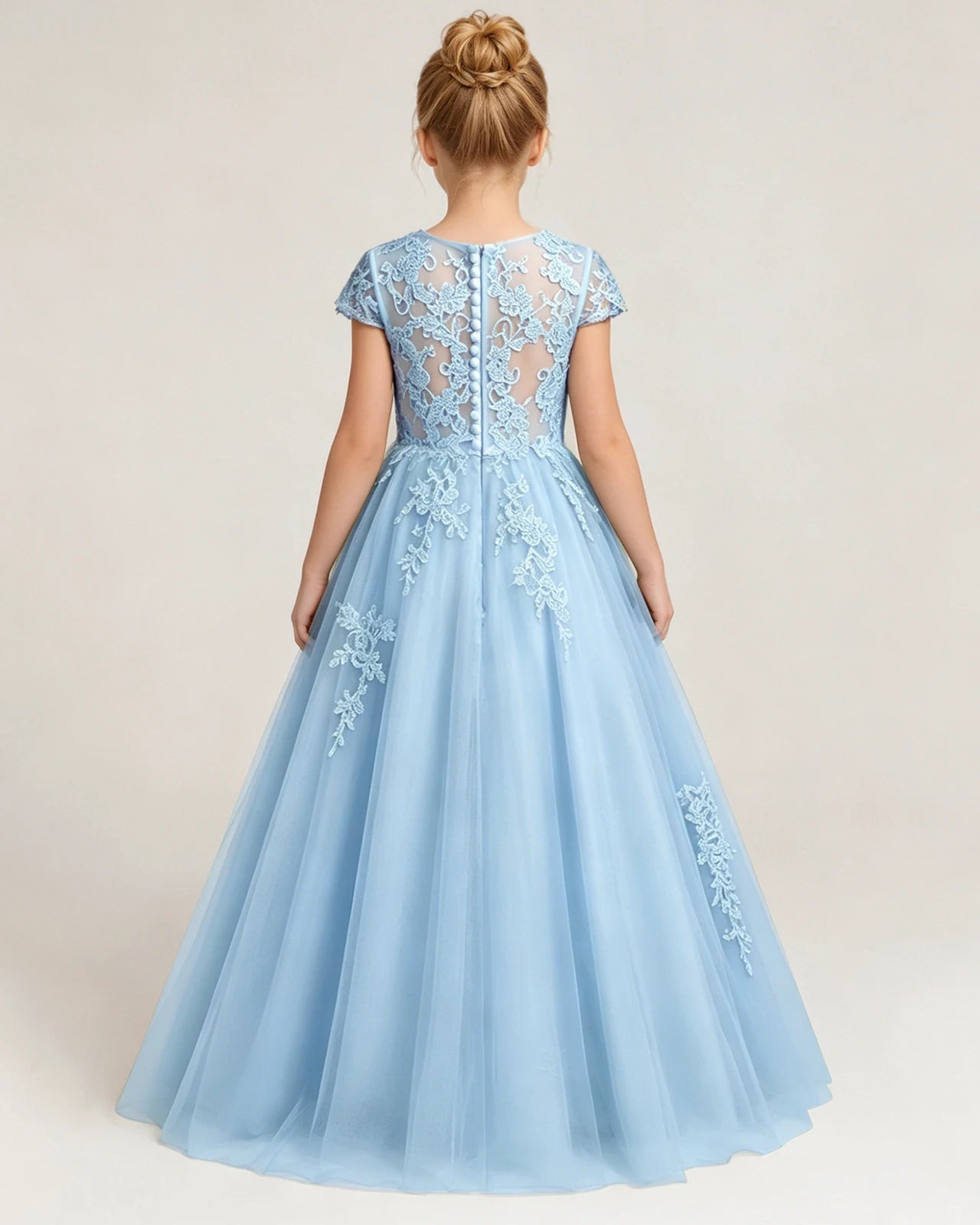 Back Baby Blue Lace Flower Girls Dress