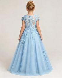 Back Baby Blue Lace Flower Girls Dress