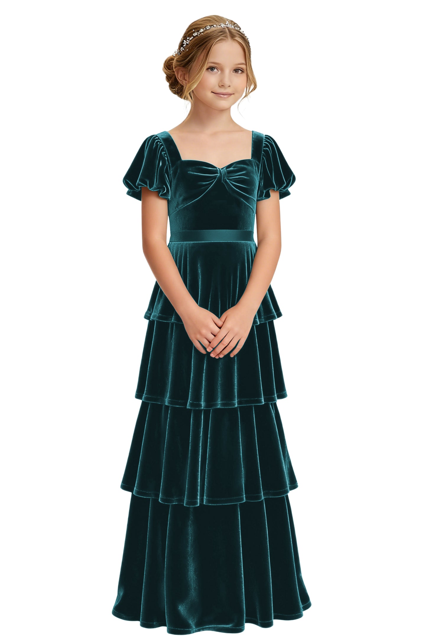 dideyttawl Girls Pleated Velvet Short Lantern Sleeves Long Junior Bridesmaid Dress 2542