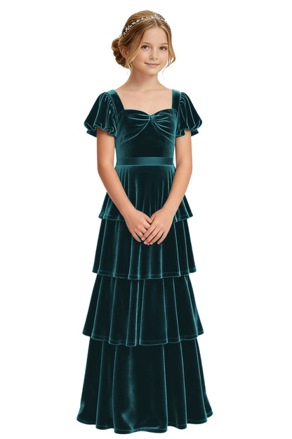 dideyttawl Girls Pleated Velvet Short Lantern Sleeves Long Junior Bridesmaid Dress 2542
