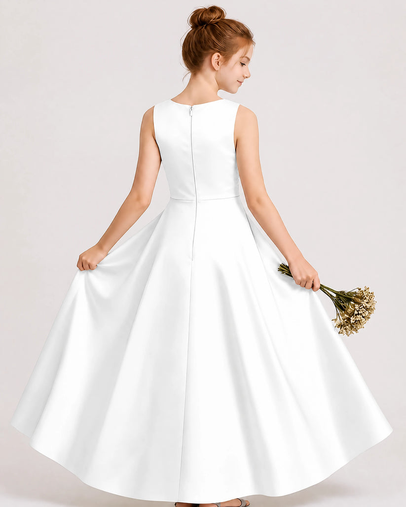 White Satin A-line Junior Bridesmaid Dress Back View