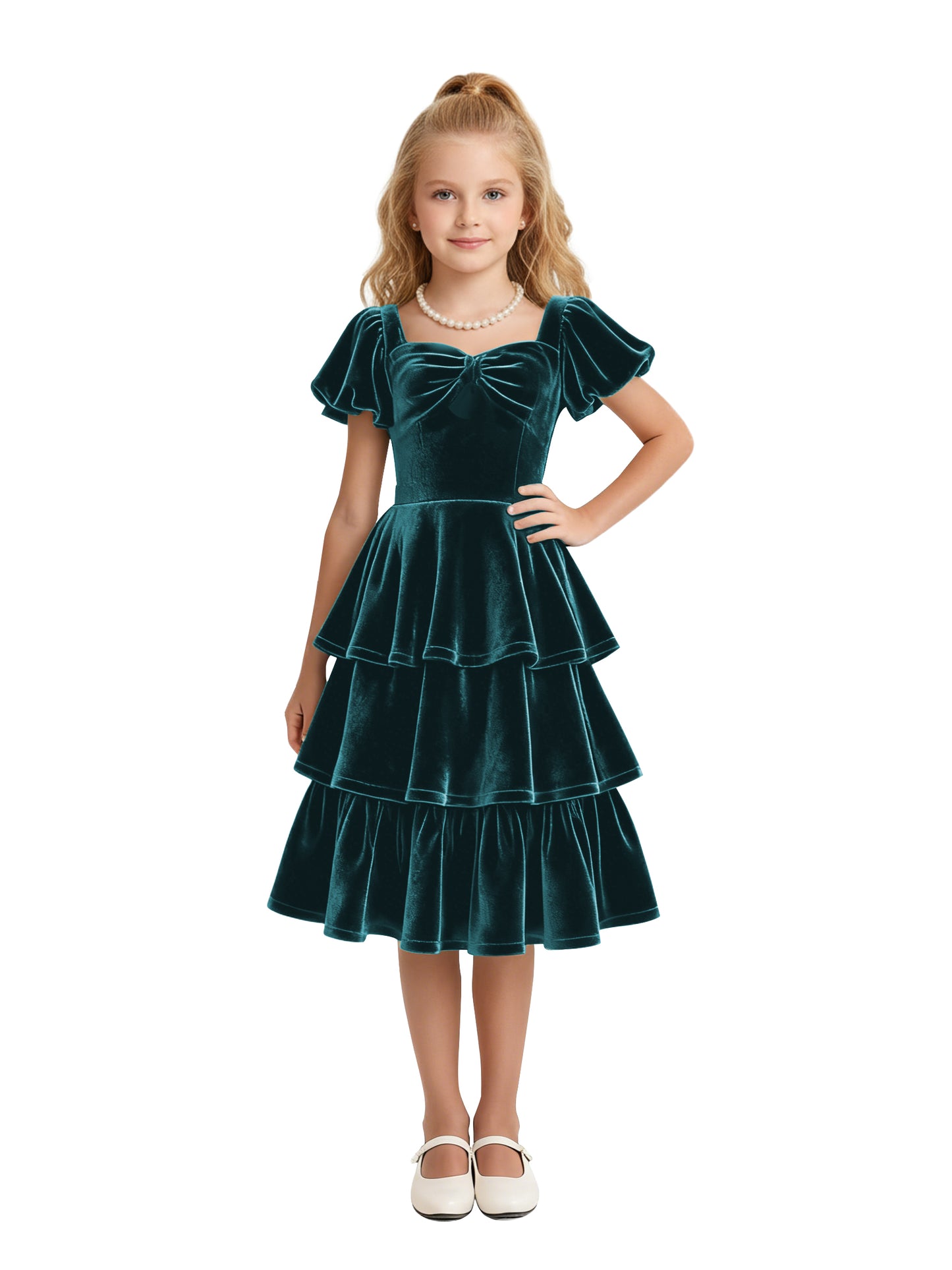 dideyttawl Girls Pleated Velvet Knee Length Junior Bridesmaid Dress with Short Lantern Sleeves 2543