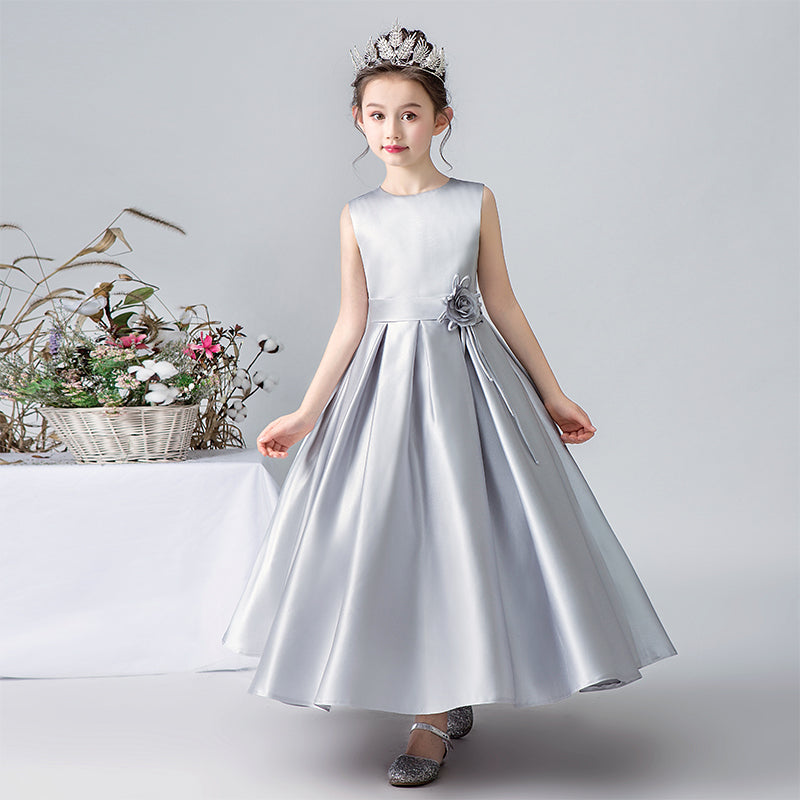 Dideyttawl Grey Flower Girl Dress Satin Sleeveless Pleated Ball Gown