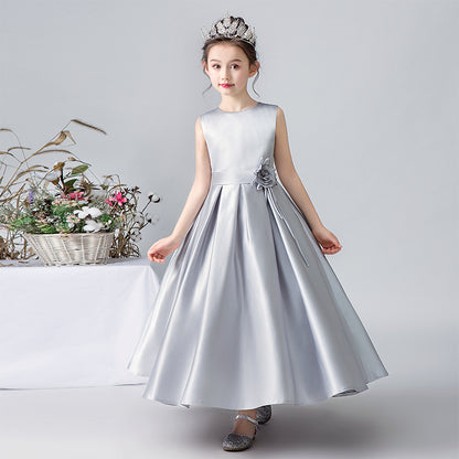 Satin Formal Dress For Girls Flower Belt Girls Evening Party Dress Sleeveless Long Dress First Communion Dress