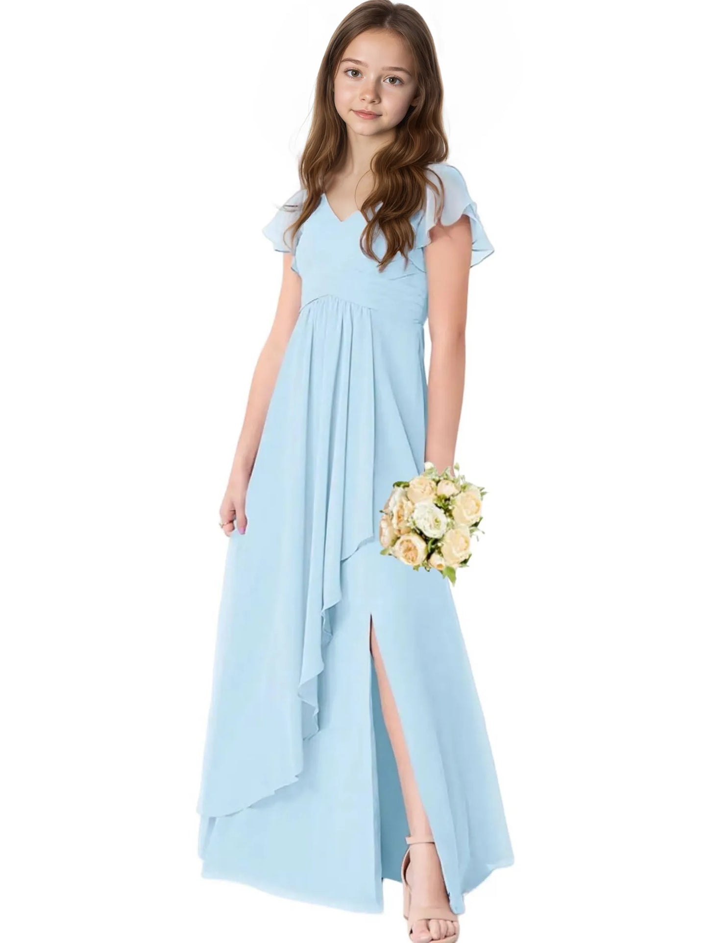 Dideyttawl Chiffon Junior Bridesmaid Dresses Ruffle Sleeves Party Gown 2506