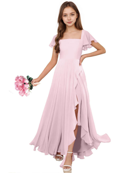 dideyttawl Junior Bridesmaid Dresses Ruffle Sleeve Square Neck Chiffon A-Line Flower Girl Dress with Slit 2508