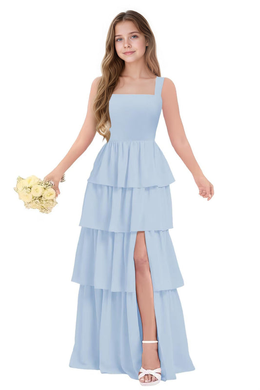 dideyttawl Junior Bridesmaid Dress Spaghetti Strap Square Neck Layered Chiffon A-Line Flower Girl Dress with Slit 2509