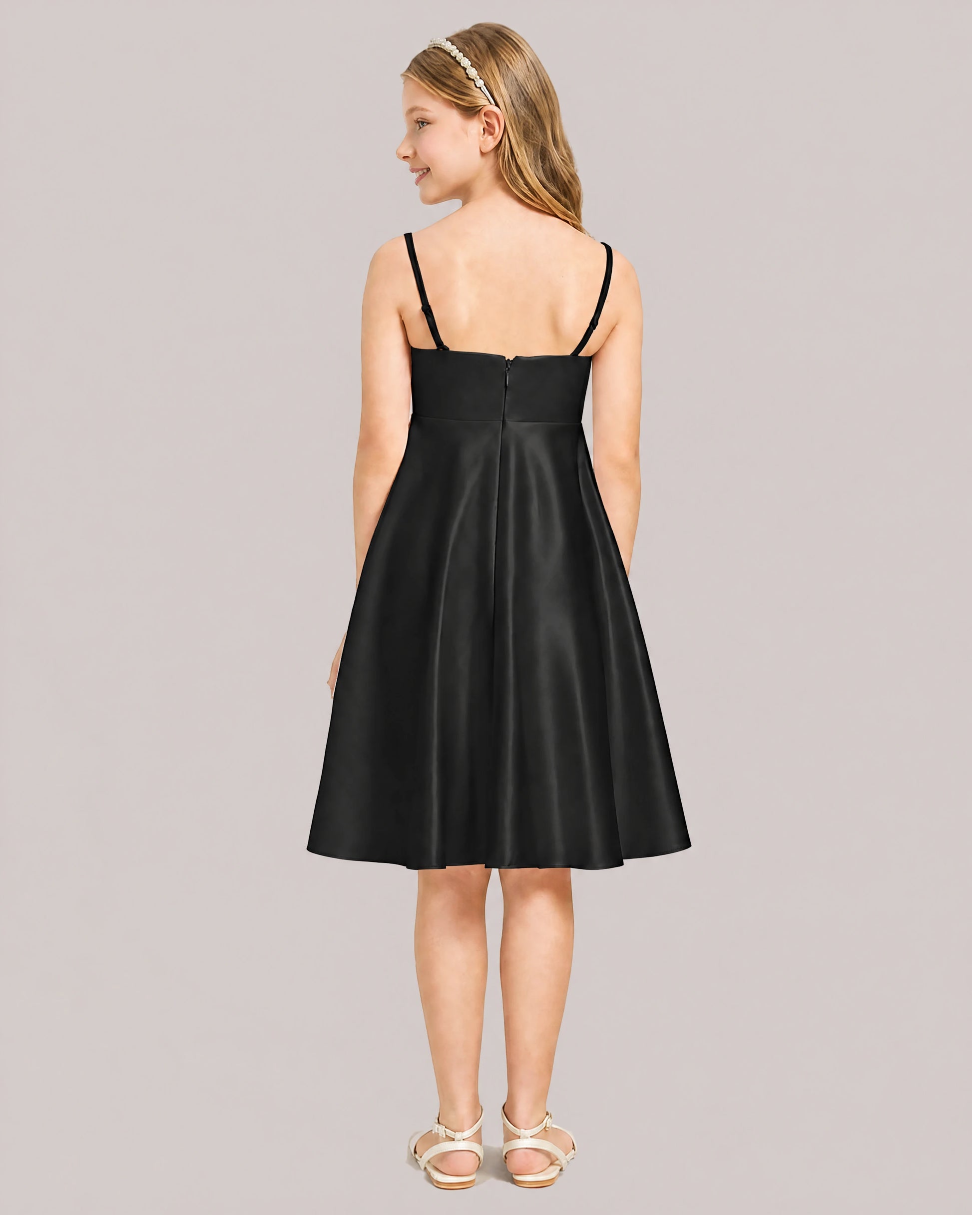 Black Satin Short Flower Girl Dress 