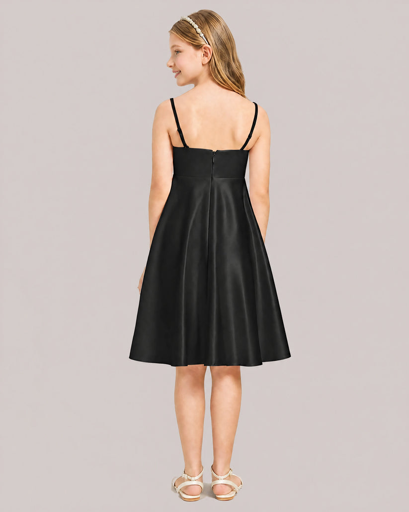 Black Satin A-line Junior Bridesmaid Dress Back View