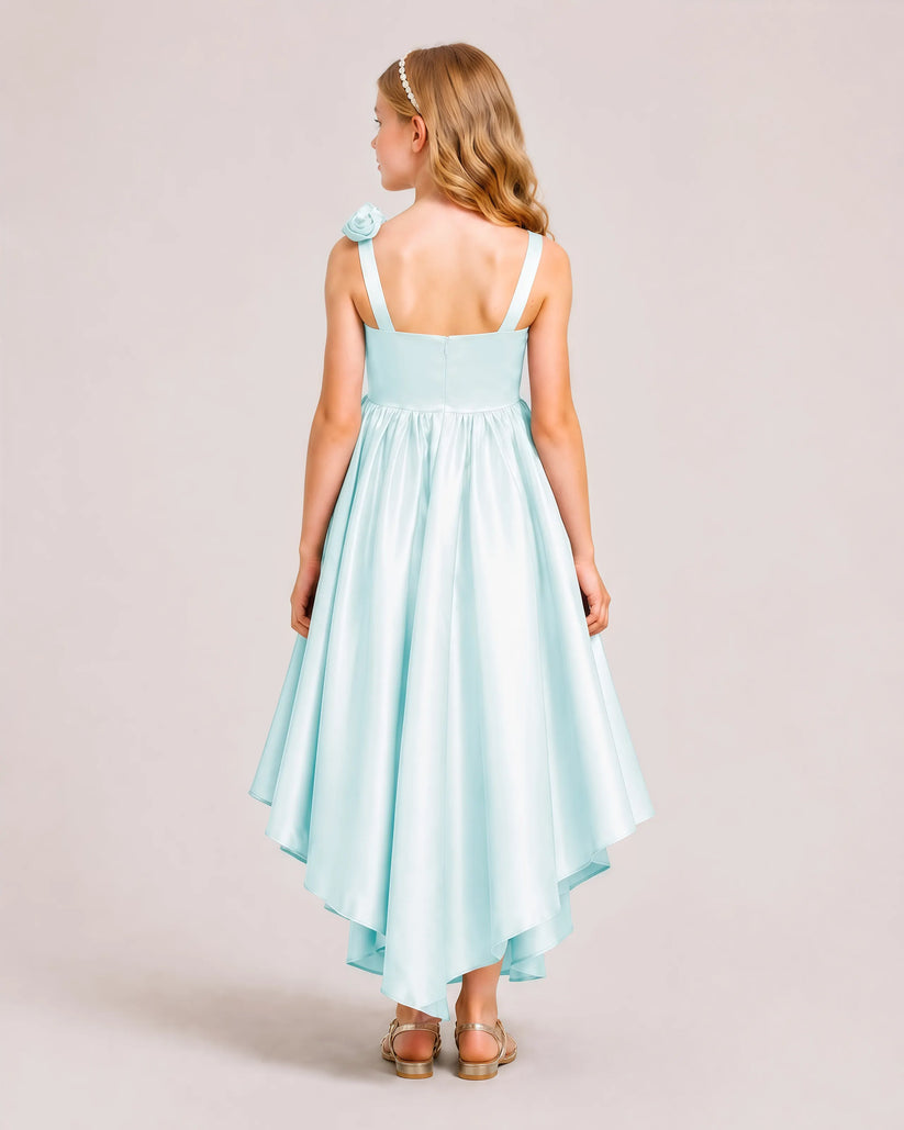 Baby Blue Satin A-line Girls Formal Dress Back View