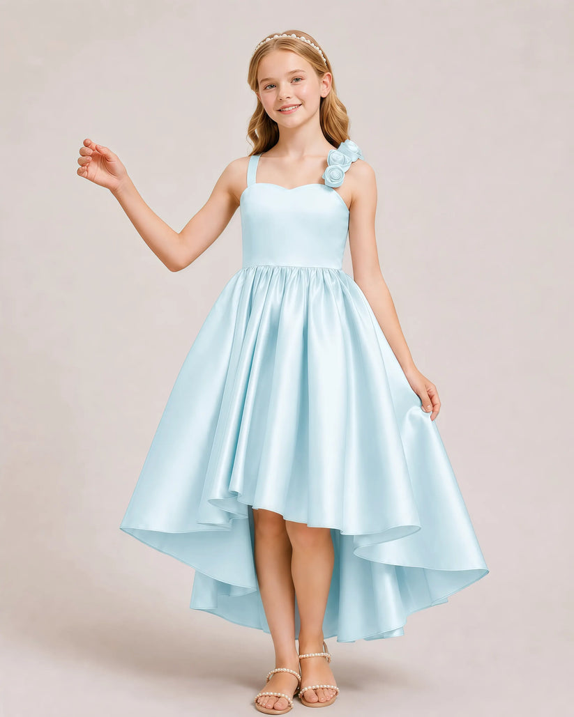 Baby Blue Satin High Low Girls Formal Dress Front View