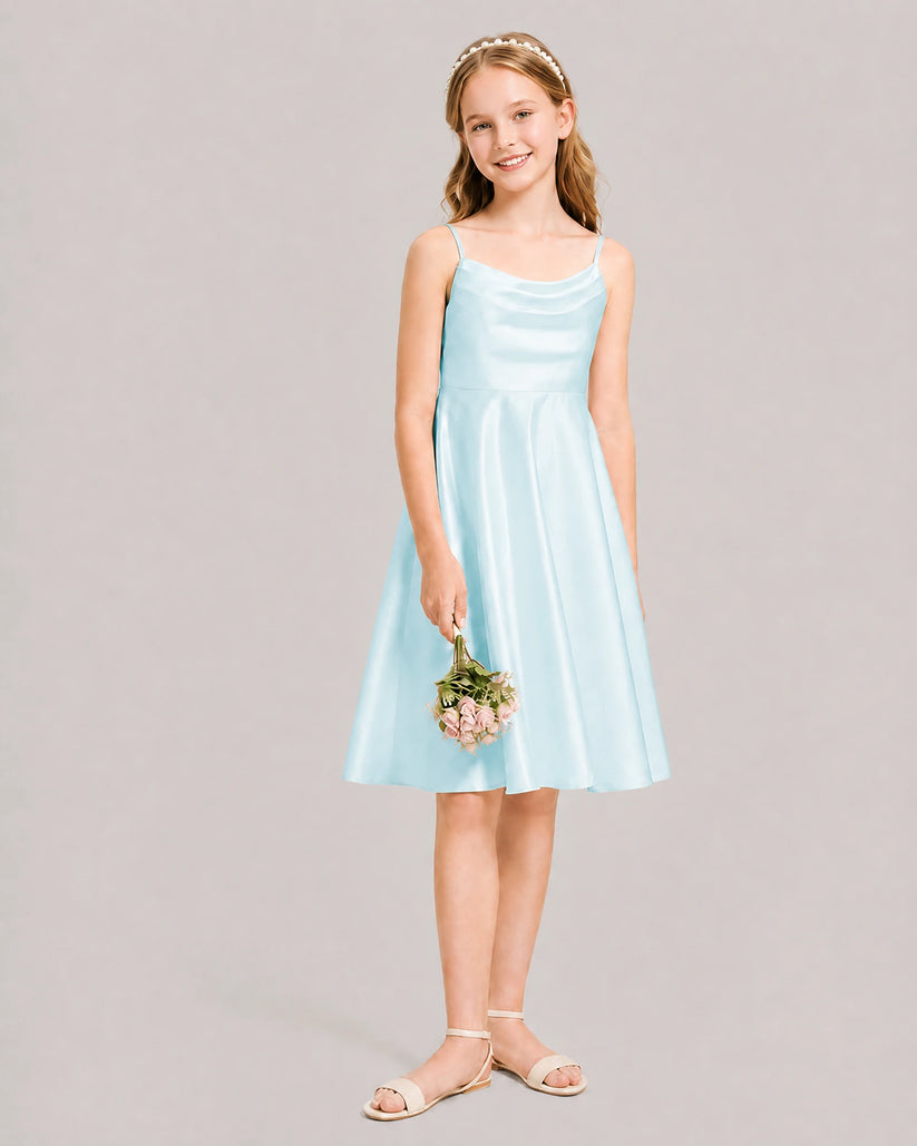 Baby Blue Satin A-line Junior Bridesmaid Dress Front View