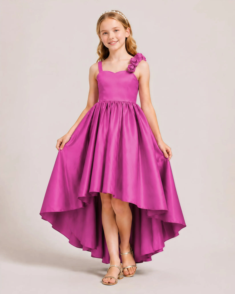 Fuchsia Satin A-line Girls Formal Dress Front View