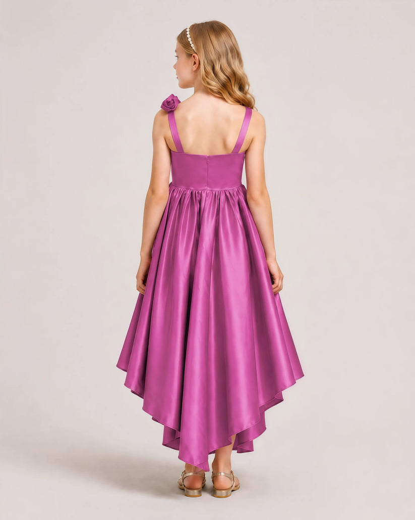 Fuchsia Satin A-line Girls Formal Dress Back View